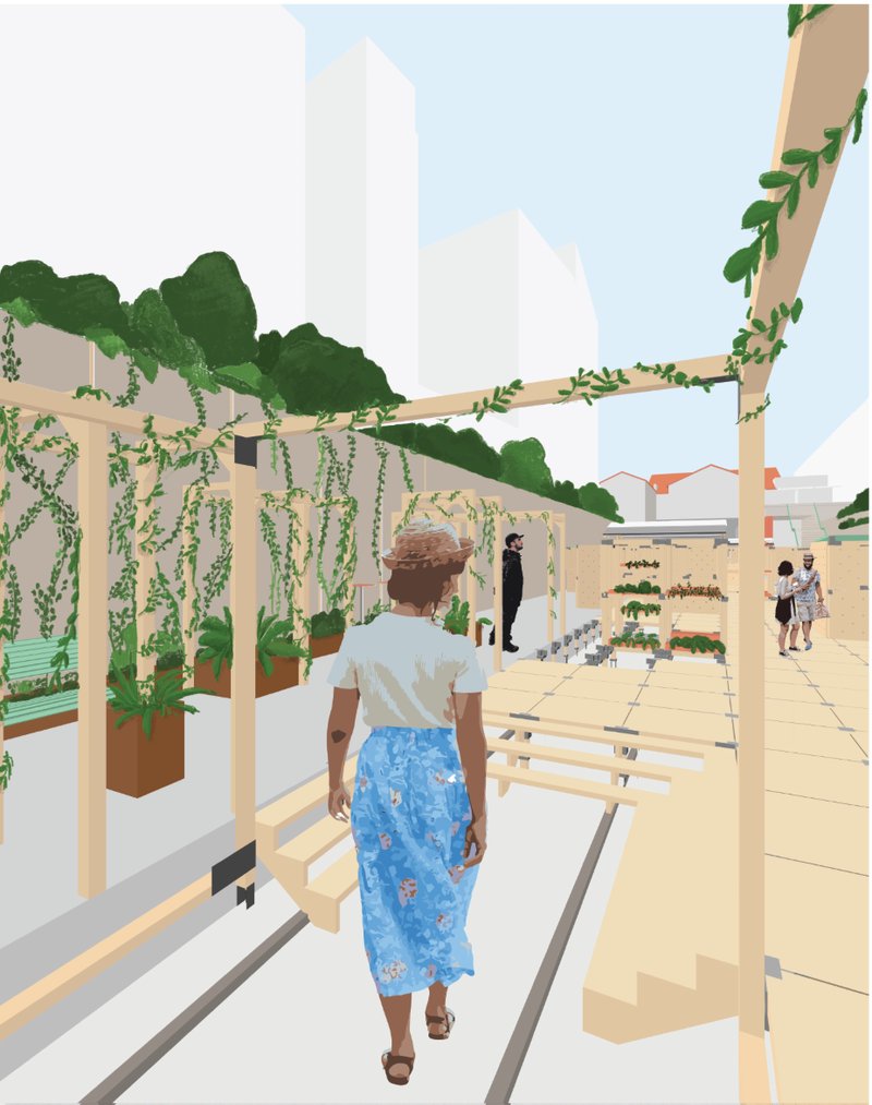 Linear public space enriched with planting systems and seating, fostering social interaction in a community-driven urban design.