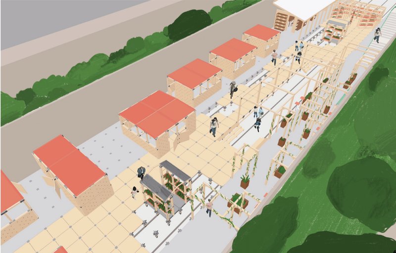 Axonometric view of modular marketplace showcasing scalable stall units within a reclaimed railway landscape.
