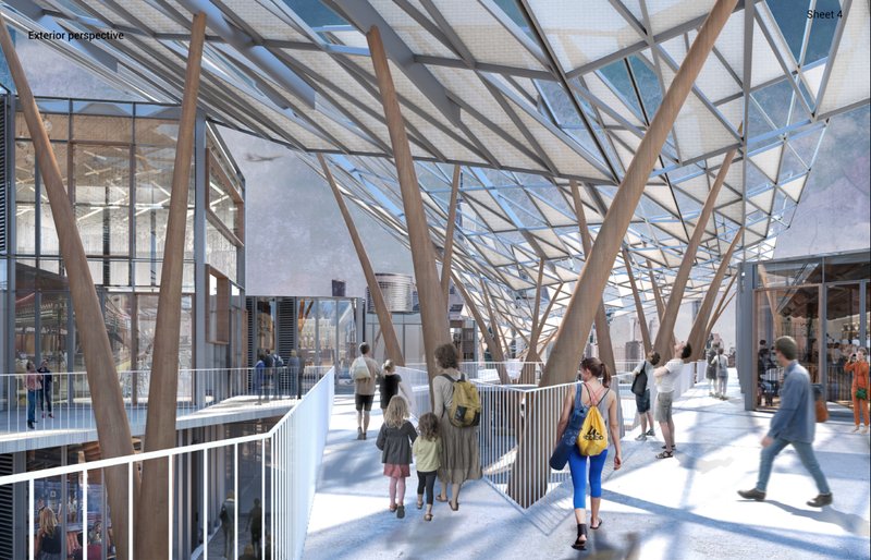 Elevated pedestrian walkway beneath a sculptural canopy connecting restaurants and public spaces.