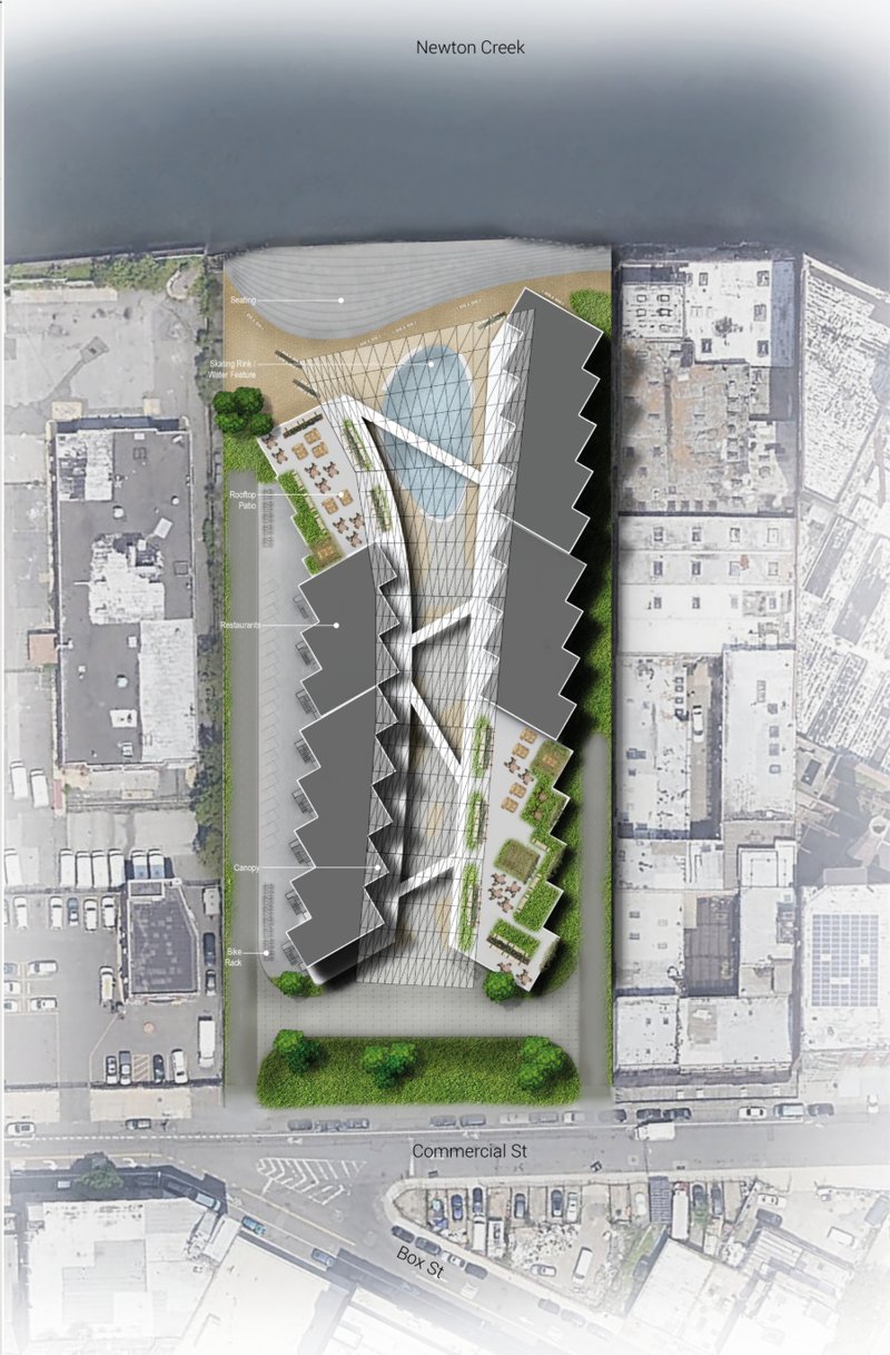 Site plan showing the modular food street layout oriented toward Newton Creek and Manhattan views.
