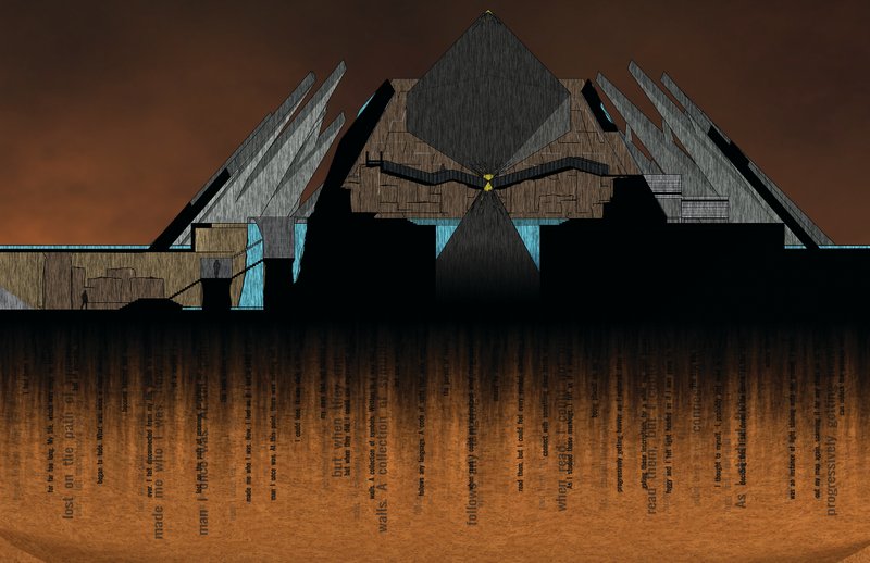 Sectional cut revealing the monument’s layered descent and narrative surfaces embedded within the earth.