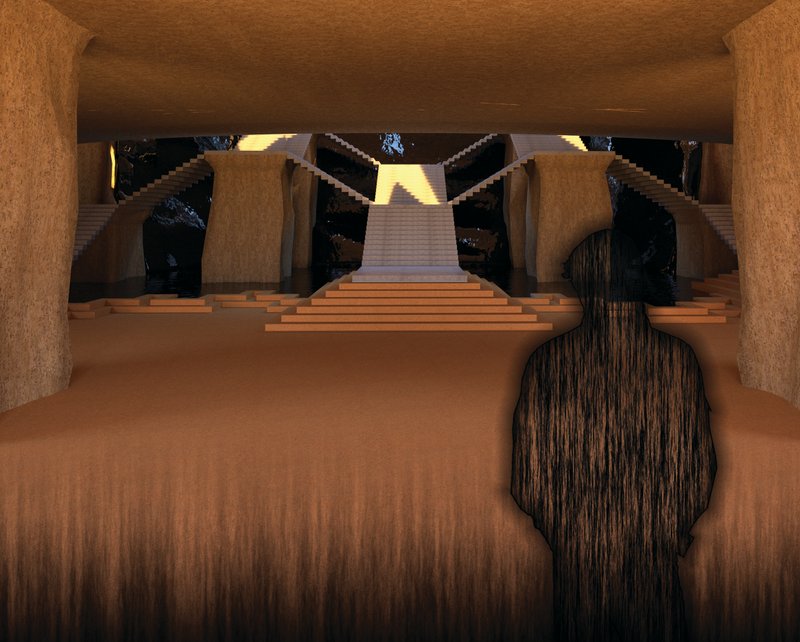 Subterranean arrival space where water, light, and scale orchestrate an introspective journey.