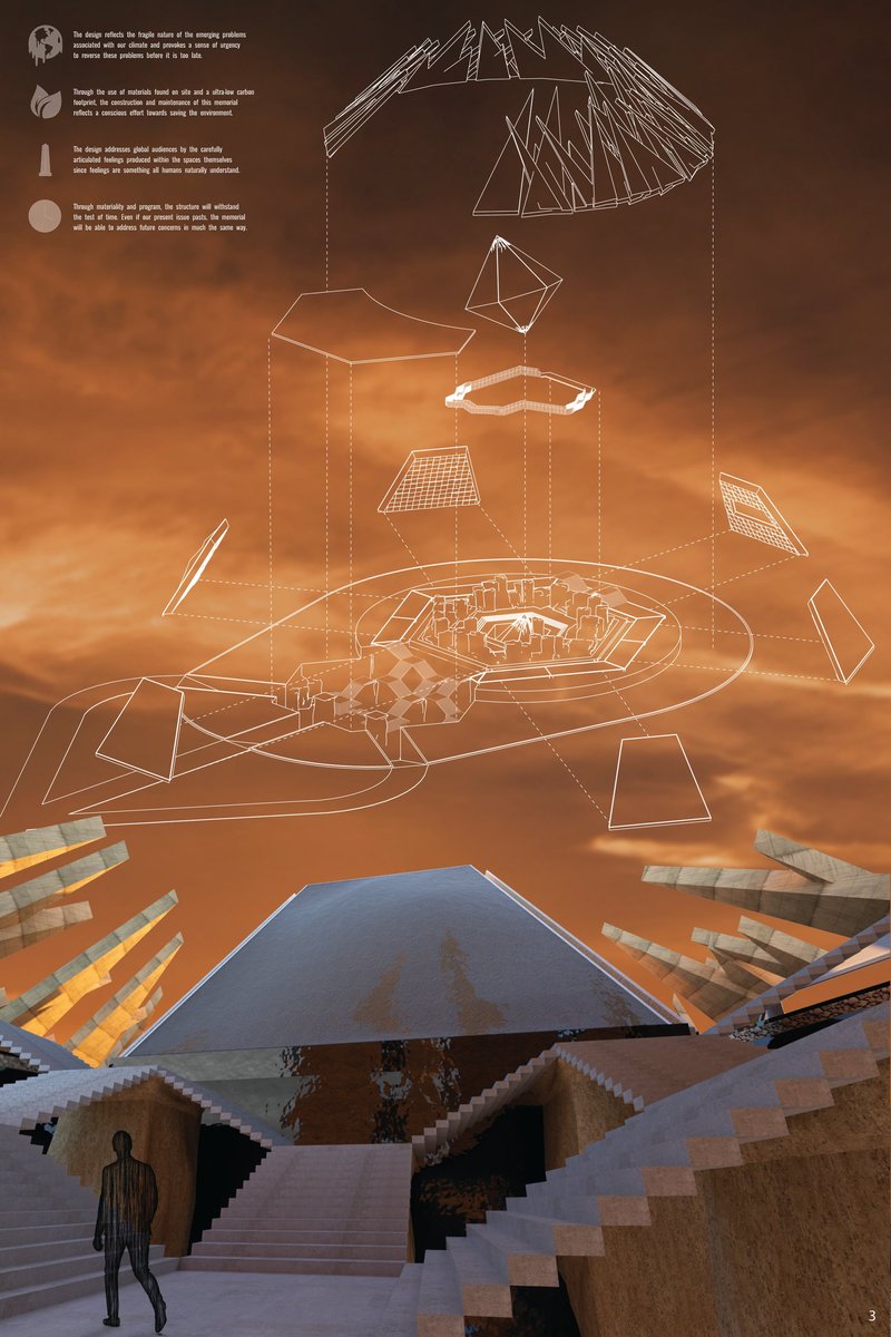 Exploded axonometric illustrating the spatial hierarchy and environmental logic of the memorial.