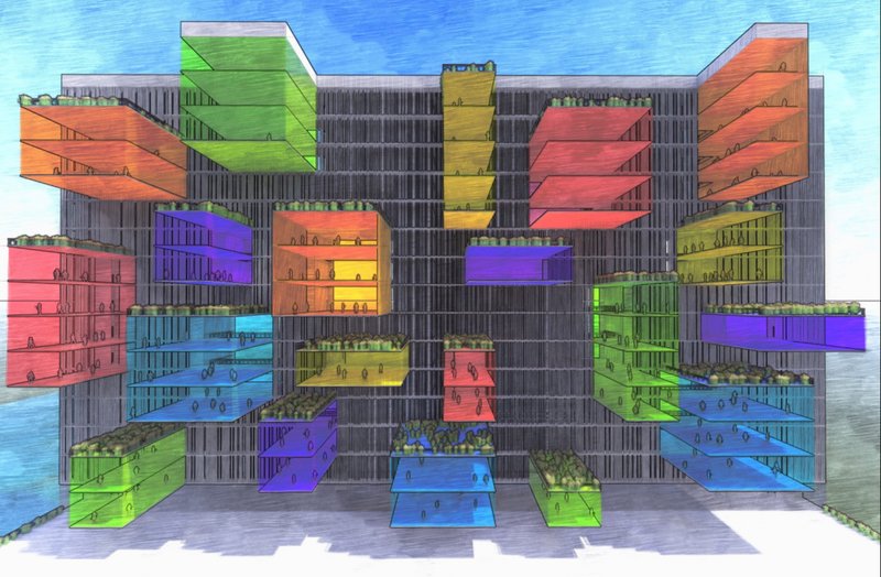 Modular extrusions activate the façade, creating a vibrant vertical landscape of dining, leisure, and social interaction spaces.