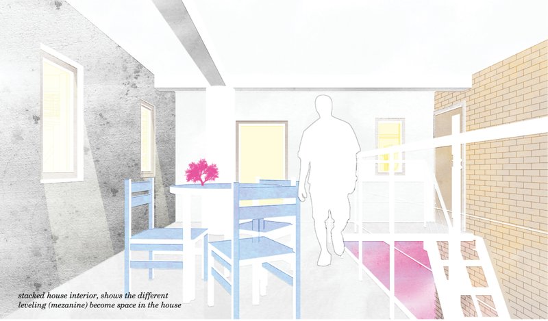 Stacked housing interior with mezzanine levels creating flexible living spaces within compact kampong homes.