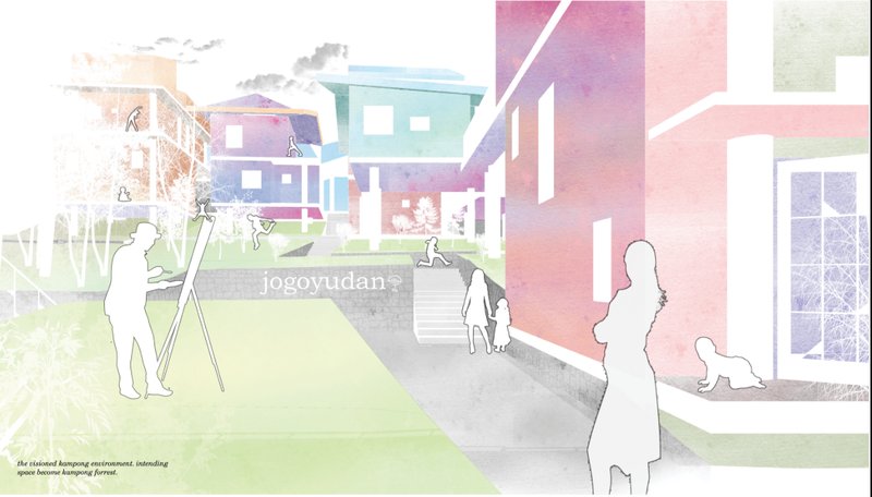 Vision of a revitalized Jogoyudan kampong with colorful housing, shared courtyards, and active community spaces.