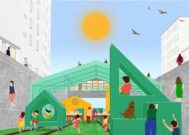 Daytime activation with dispersed movable units enabling play, interaction, and flexible public use along the tracks.