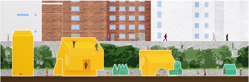 Sectional elevation demonstrating the relationship between static and mobile elements, creating layered spatial experiences across the site.