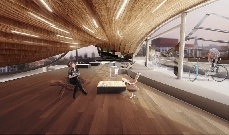 Interior gathering space beneath the bridge featuring sculptural wooden ceilings, lounge seating, and views of cyclists passing through the structure.