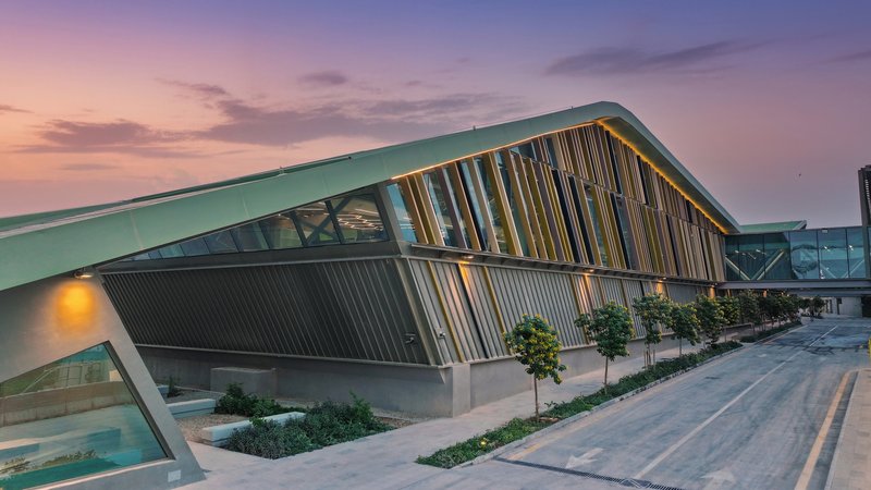 Green metal roof edge with vertical timber louvers and planted beds at sunset