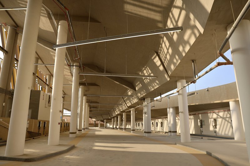 Interior space with white cylindrical columns and linear suspended lighting casting sharp shadows across ceiling panels