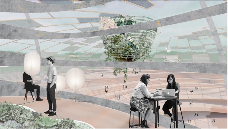 The flying room reimagines waiting as experience, integrating greenery, openness, and social interaction within the terminal.