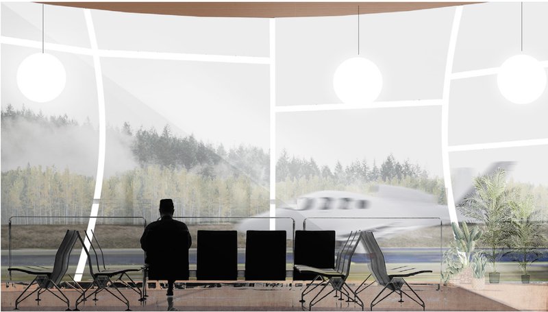 Lounge space offering calm, framed views of the runway, emphasizing stillness within a dynamic travel environment.
