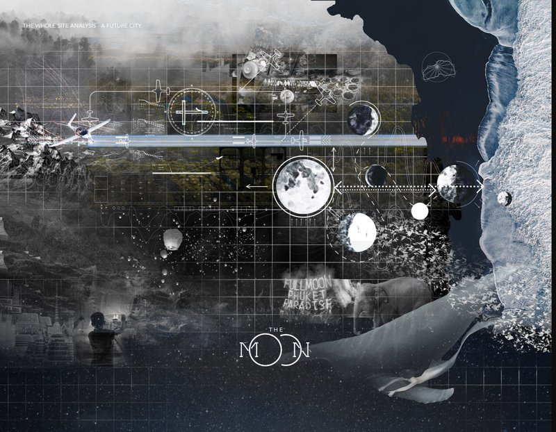 Conceptual collage mapping the airport as a future urban system, merging mobility, culture, and cosmic inspiration.
