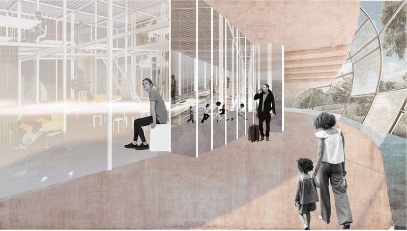 Circulation corridor blending transparency and movement, framing layered views of activity, landscape, and travel.