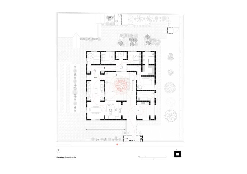 Floor plan drawing showing rooms arranged around a central courtyard with surrounding landscaping