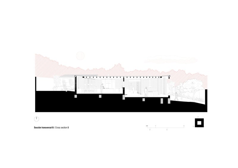 Cross section drawing revealing sloped ceilings and rooms stepping down the site