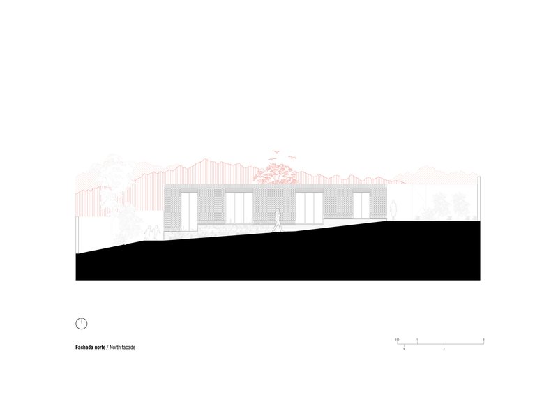 North elevation drawing showing four vertical window openings in a horizontal masonry volume