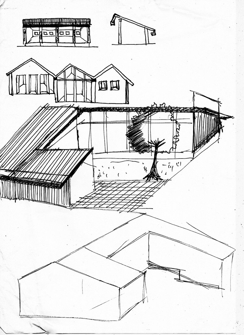 Sketch studies exploring various roof forms and spatial configurations in axonometric and elevation views