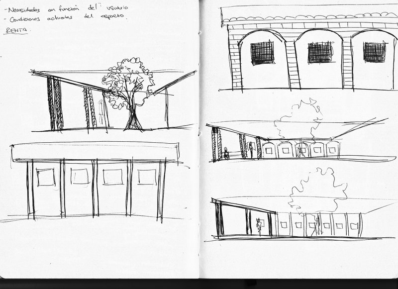 Sketchbook page with hand-drawn elevations showing sloped roofs, openings, and a tree in the foreground
