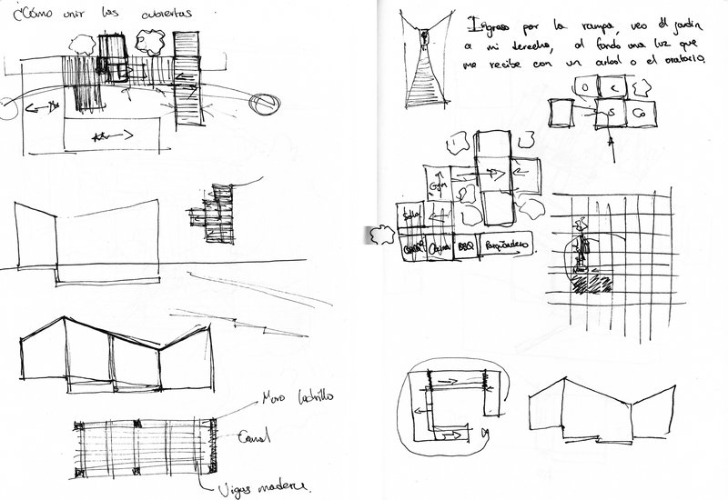 Sketch study sheet showing perspective views, plan layouts, and volumetric diagrams with handwritten annotations