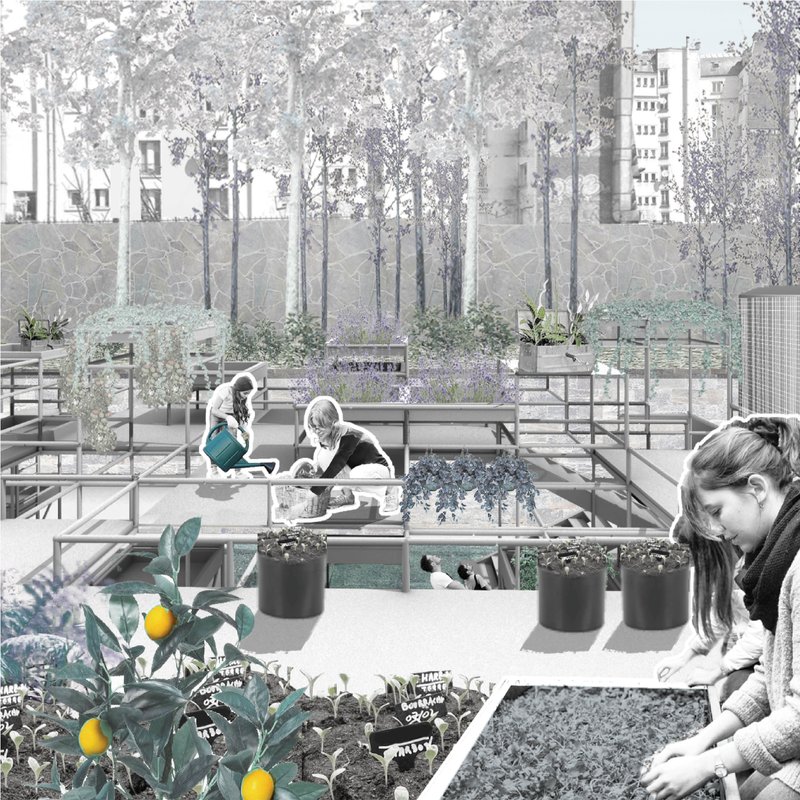 Modular urban farming spaces activate abandoned rail corridors through community participation.