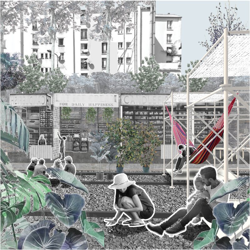 Scaffolding structures create flexible marketplaces and social zones within reclaimed infrastructure.