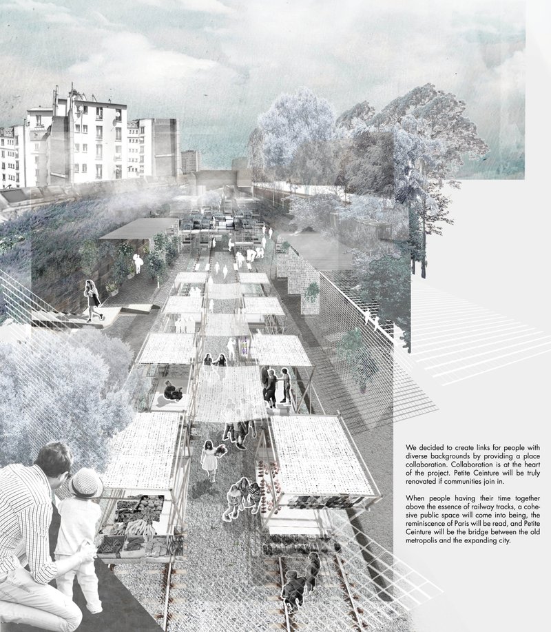 A linear public landscape transforms the Petite Ceinture into a collaborative urban spine.