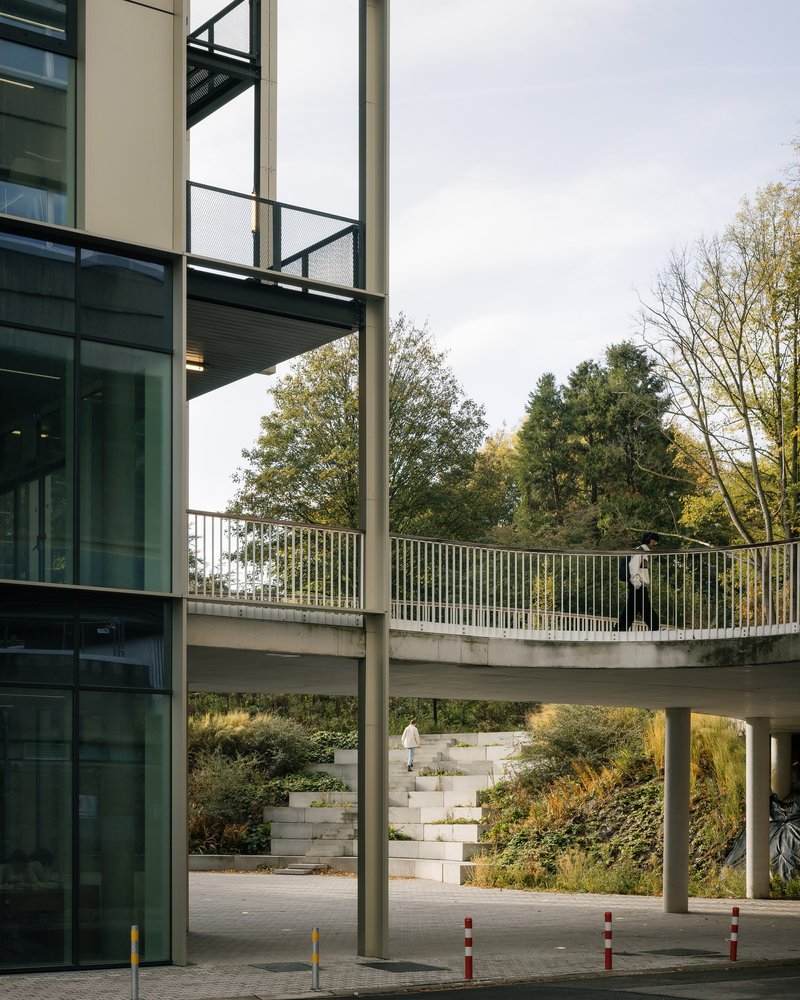 Elevated walkway and the curved retaining wall to the planted slope below