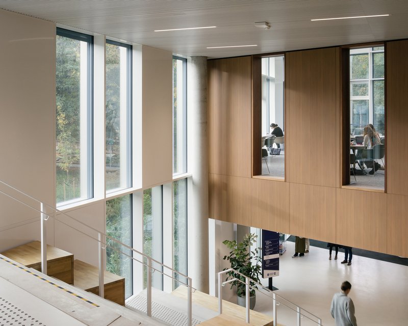 Double-height atrium with timber-clad meeting rooms overlooking a stair and forest beyond