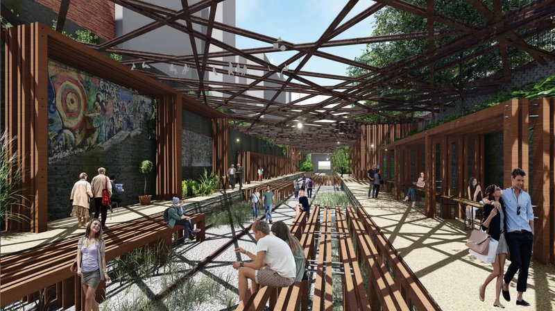 Interior view of the adaptive Tube system activating a linear public corridor beneath the structural net canopy.