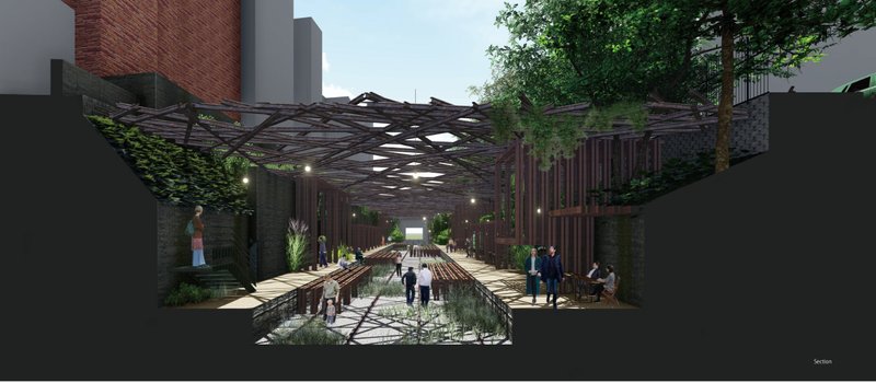 Sectional view illustrating layered spatial experience with modular tubes integrated under a permeable structural framework.