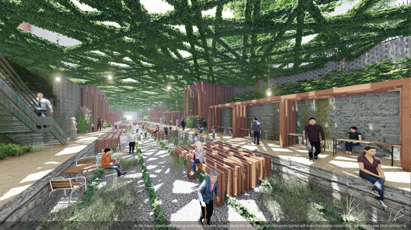 Green canopy development over time, creating a shaded, climate-responsive public realm along the rail corridor.