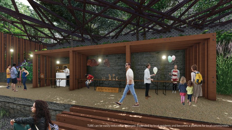 Modular Tube units supporting community-driven programs, from exhibitions to informal gatherings and markets.