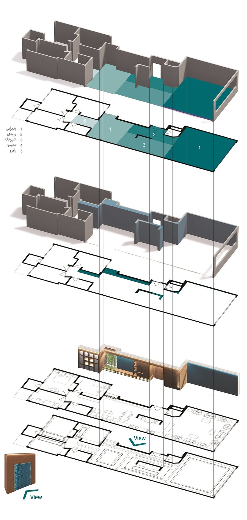 Exploded axonometric reveals the transformation strategy and spatial reconfiguration of the residence.