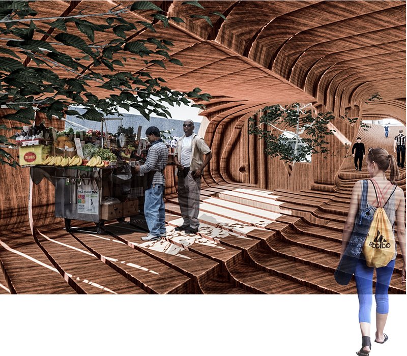 Marketplace integration within the structure supports informal economies and everyday urban life.