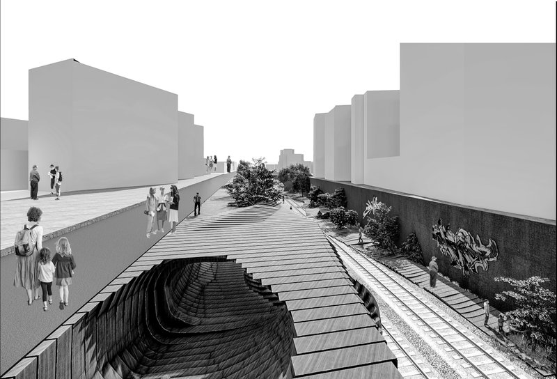Sectional perspective reveals layered public spaces bridging street level and railway infrastructure.
