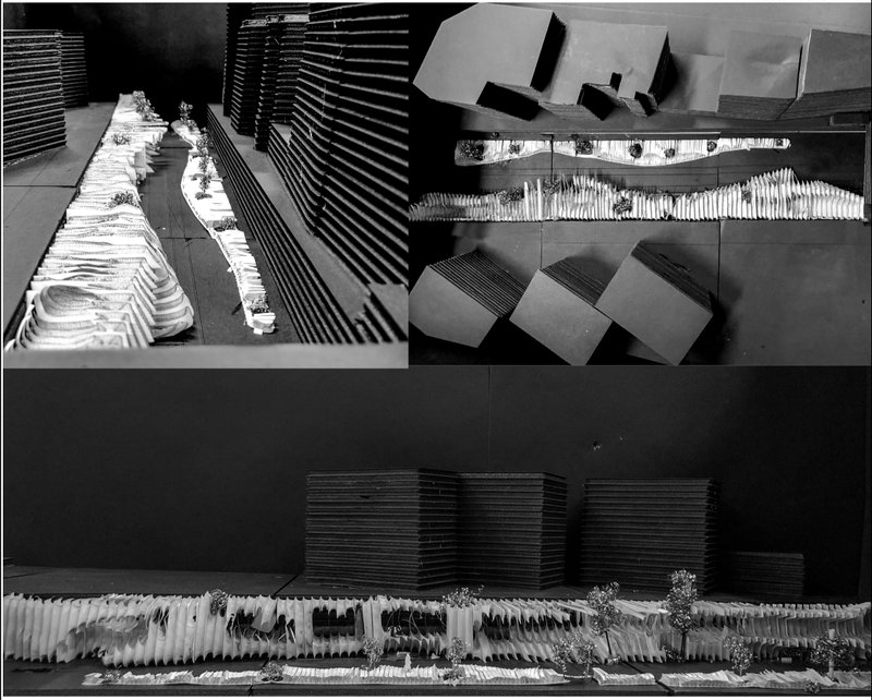 Physical models illustrate the modular system and linear intervention across the urban void.