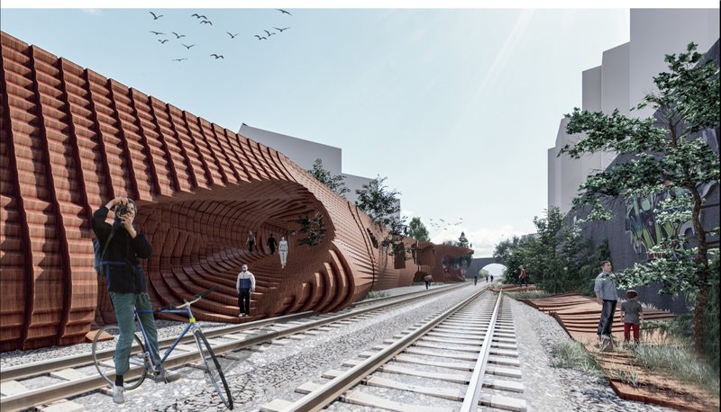 Parametric wooden structure activates the abandoned railway, creating an immersive public corridor along the Petite Ceinture.