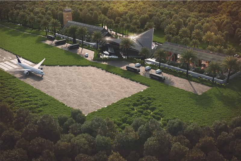 Aerial view of the adaptive airport terminal integrated within Koh Phangan’s tropical landscape.