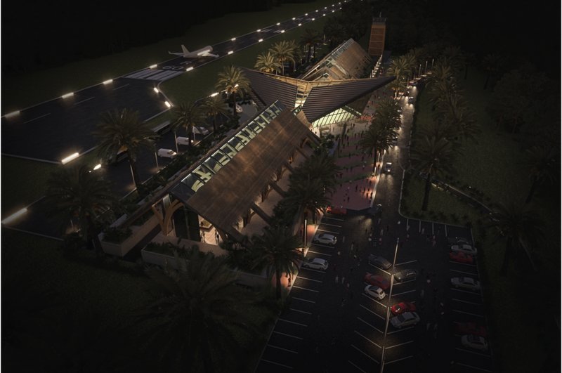 Night view highlighting the airport’s flexible layout and illuminated circulation spine.