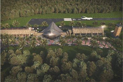 This architectural rendering showcases a tropical airport terminal with a distinctive pyramidal roof