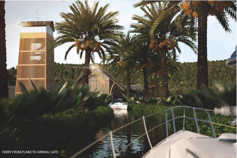 Seamless multi-modal transition from air to water through a canal-based arrival experience.