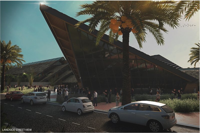 Landside street view showcasing the dynamic roof form and arrival experience rooted in tropical airport architecture.