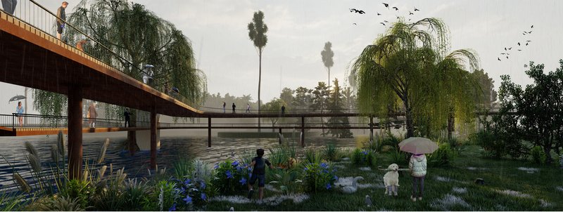 Elevated wetland boardwalk crossing restored water bodies, demonstrating the project’s urban sponge landscape and ecological water management strategy.