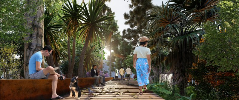 Tree Museum pathway immersed in dense planting, showcasing biodiversity and experiential landscape architecture within the reclaimed quarry terrain.