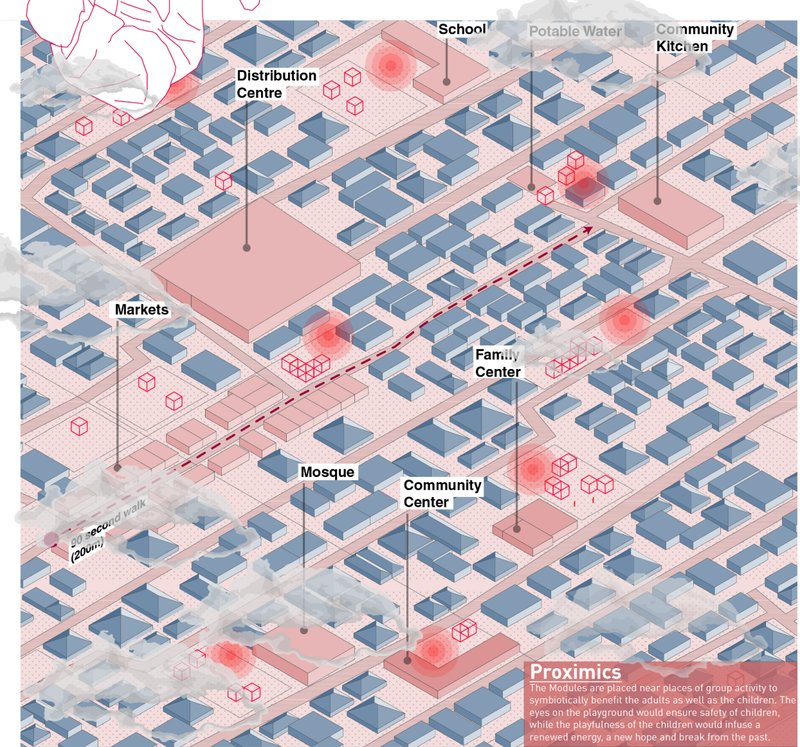 Urban mapping showing modular playground architecture nodes integrated within refugee camp infrastructure