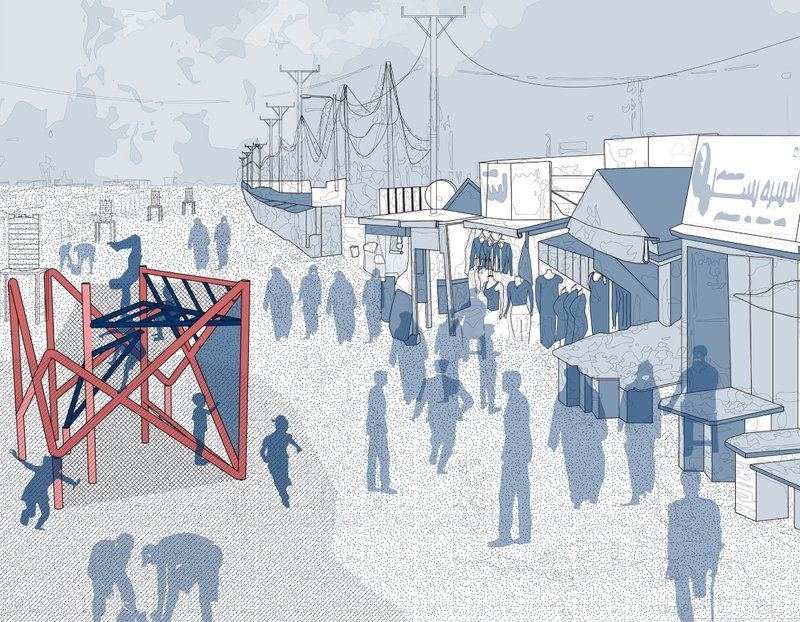 Play structure activating public marketplace streets and encouraging community engagement