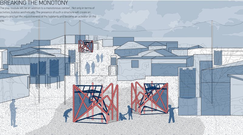 Modular playground architecture breaking spatial monotony within dense refugee settlements