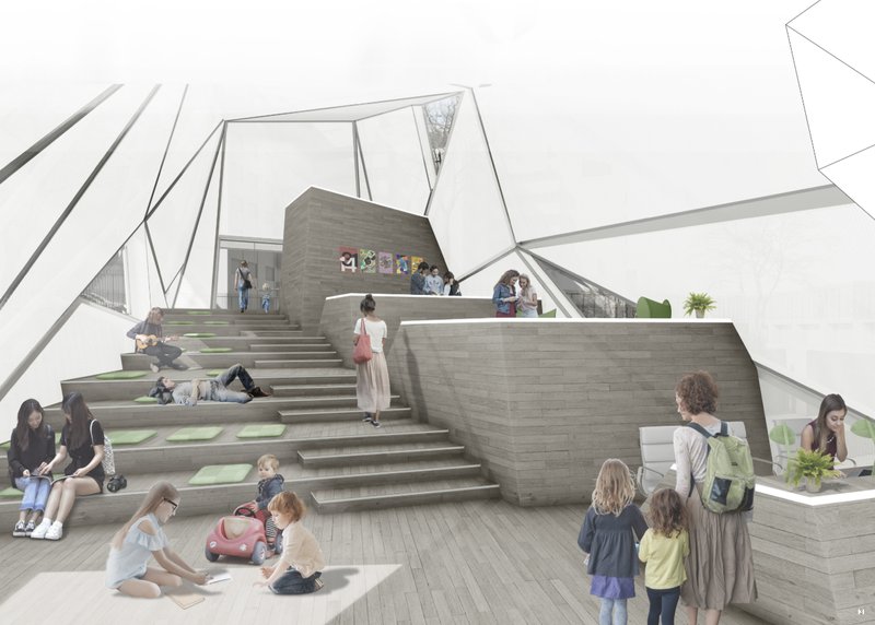 &nbsp; Interior of the modular youth center showcasing stepped seating, flexible gathering spaces, and community interaction.